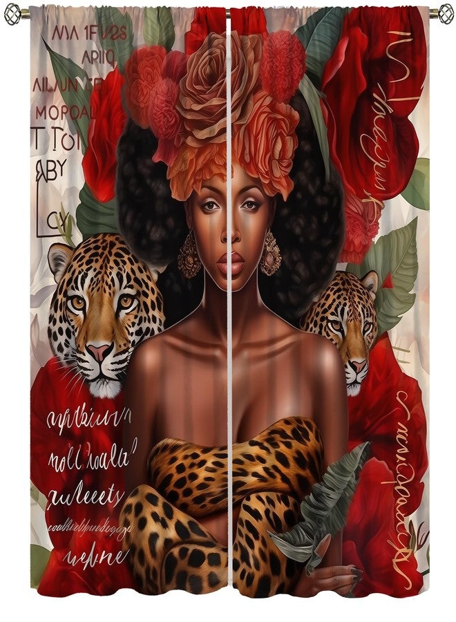 AAVEUP Black Girls Curtains, Beautiful Red Rose African Wild Leopard Tiger Flower Plant Decor Windows Treatments, Thermal Insulated Drapes for Kids Girls Women Room Living Room Bathroom 42x45in - Image 1